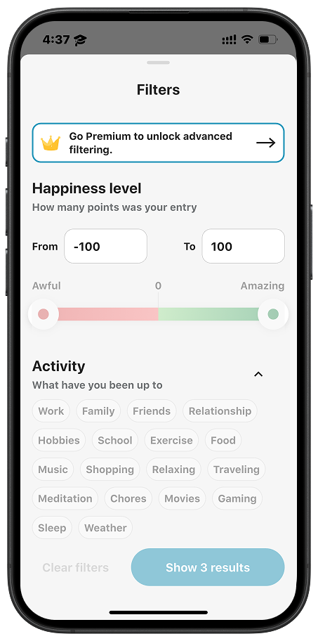 Filters screen of Emotly emotion tracker app with happiness level slider and activity selection