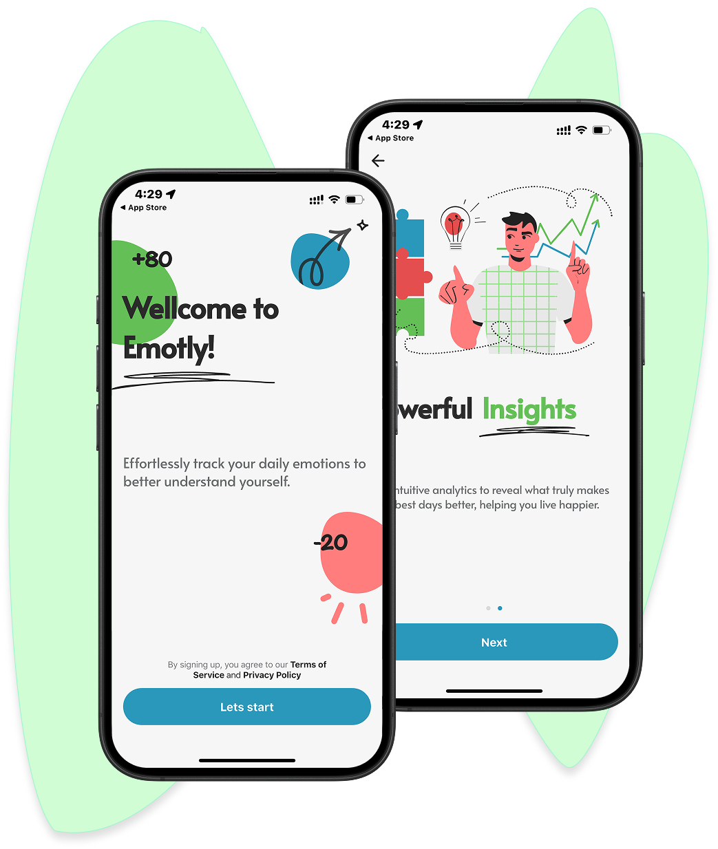 Onboarding screens of Emotly emotion tracker app showing welcome screen and powerful insights UI designed in Flutter