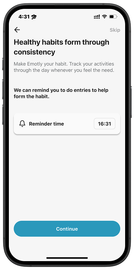 Reminders screen of Emotly app with daily emotional entry reminder setup