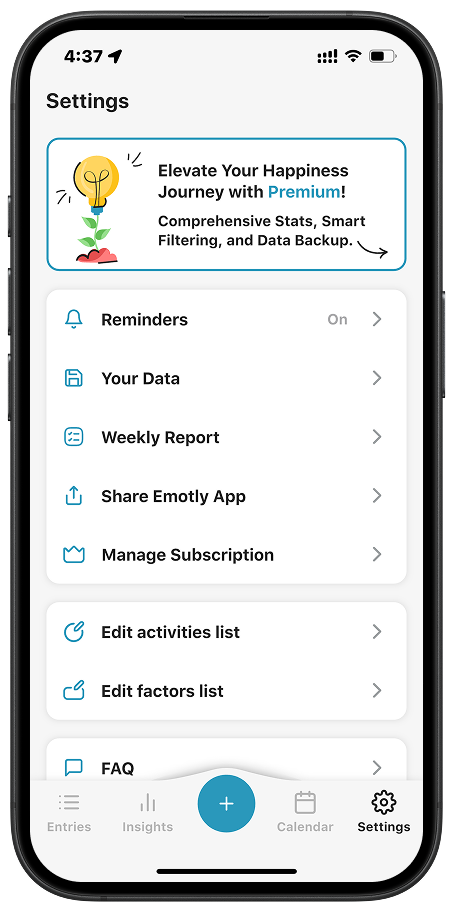 Settings screen of Emotly emotion tracker app showing reminders, data controls, subscription, and activity lists