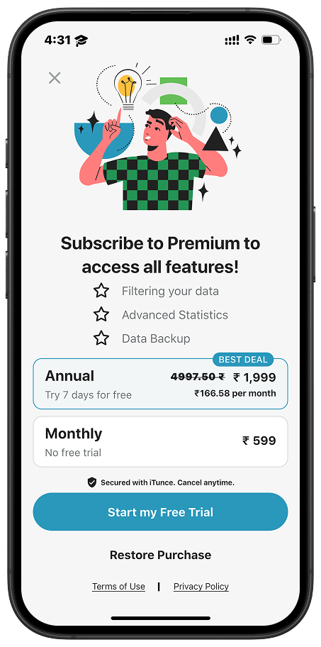Subscription screen of Emotly app showing premium benefits, pricing plans, and free trial options