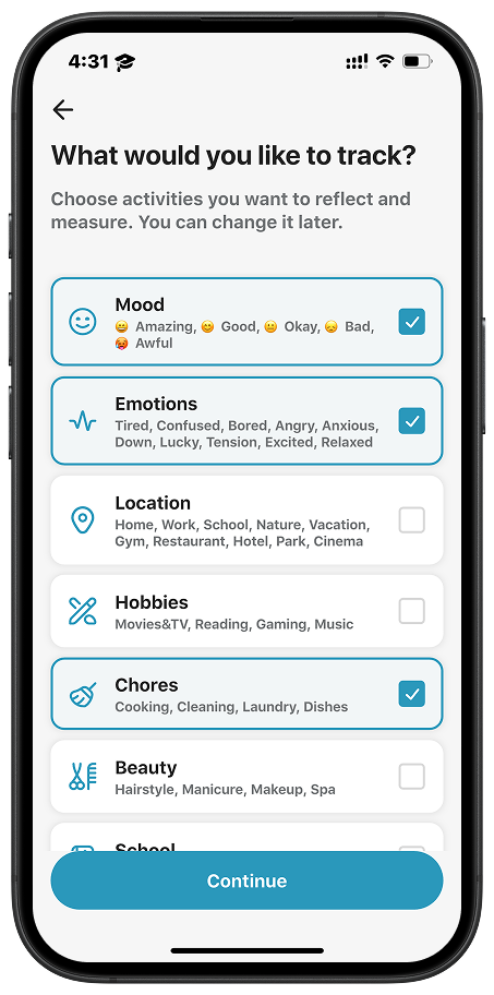 Tracking preferences screen showing options to track mood, emotions, activities, and lifestyle factors