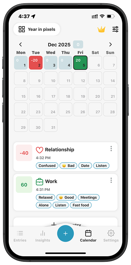 Year-in-Pixels calendar screen of Emotly app showing daily emotional entries with color-coded mood scores
