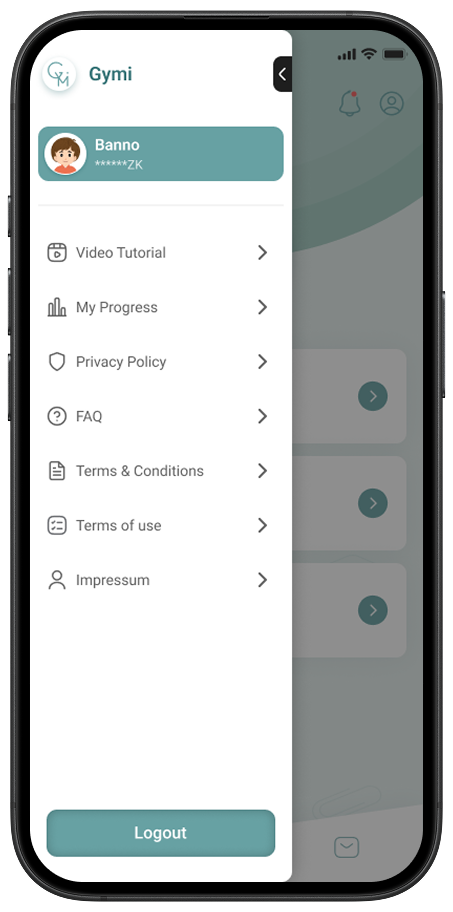 Sidebar menu showing profile, settings, progress, FAQ, and tutorials in the Gymi app.