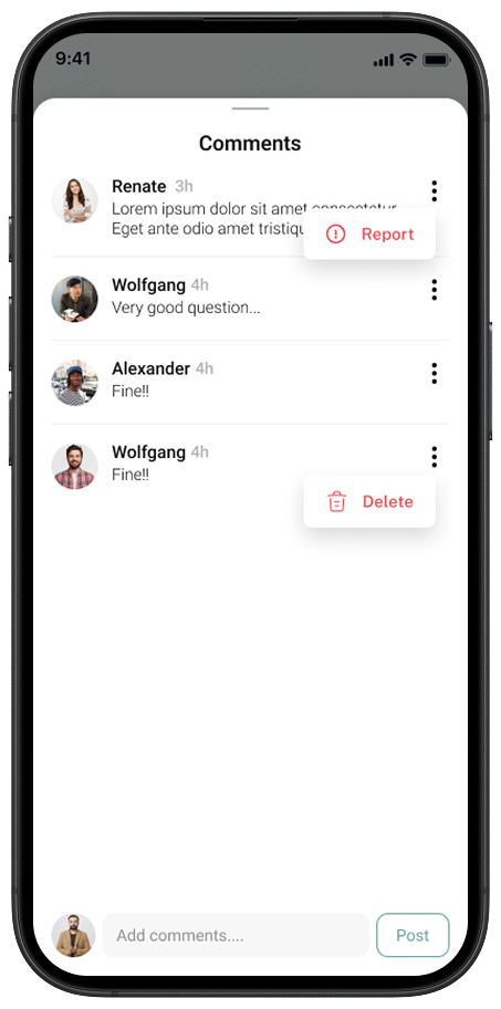 Comments screen where users can read, report, or delete messages within the Gymi community feature.