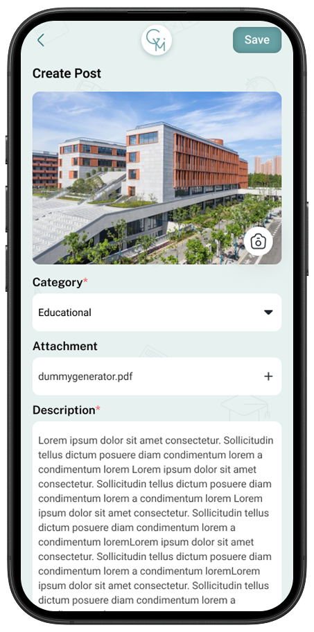 Create post screen where parents or students upload content, choose categories, and add descriptions in the Gymi app.