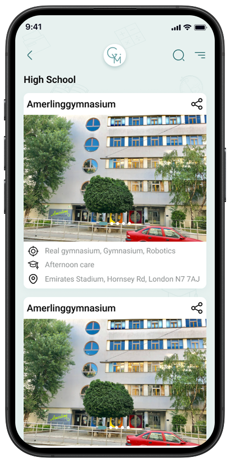 High school listing screen showing school details, address, and categories in the Gymi app.
