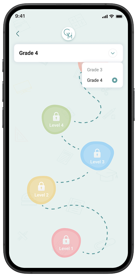 Level selection screen showing grade options and learning paths in the Gymi educational app for kids.
