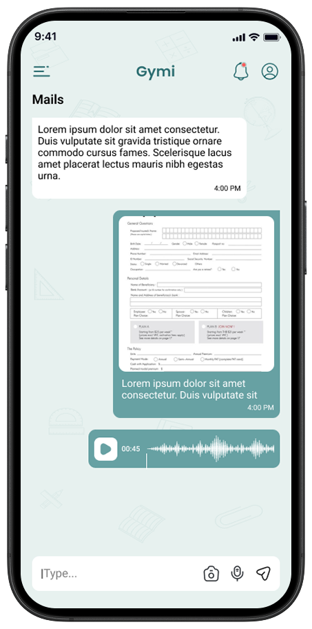 Chat screen showing text messages, attachments, and audio notes in the Gymi educational mobile app.