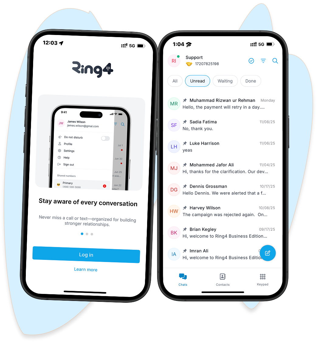 Ring4 VoIP Calling App – Native iOS and Android Development Screens Showcasing Second Phone Line Features