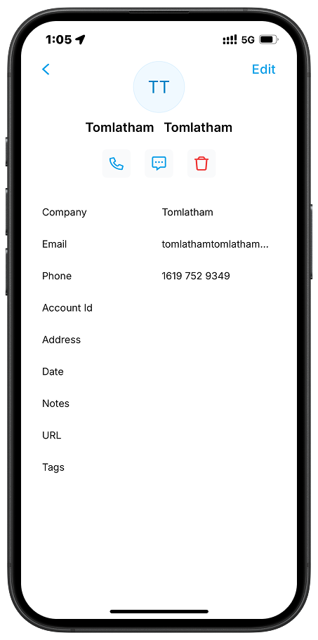 Ring4 contact detail screen with call options, tags, and number information