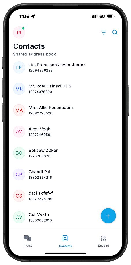Ring4 contacts list screen for managing phone numbers and VoIP contacts