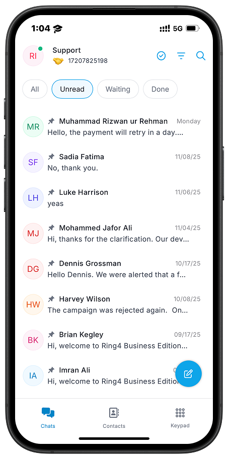 Ring4 home chat screen with unread VoIP SMS messages