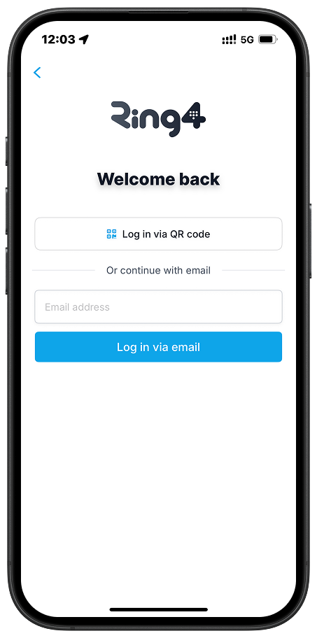 Ring4 login screen with email and QR code sign-in for VoIP calling app