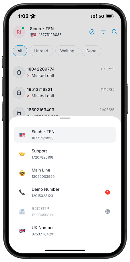 Ring4 screen showing chat history based on different virtual phone numbers