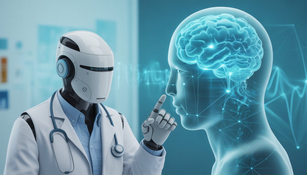 AI in healthcare illustration showing artificial intelligence assisting medical diagnosis with digital brain analysis and robotic doctor.