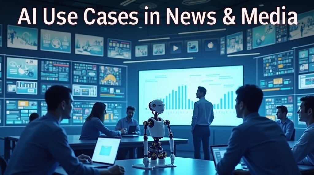 AI use cases in news and media showing automated journalism and AI-powered newsroom analytics.