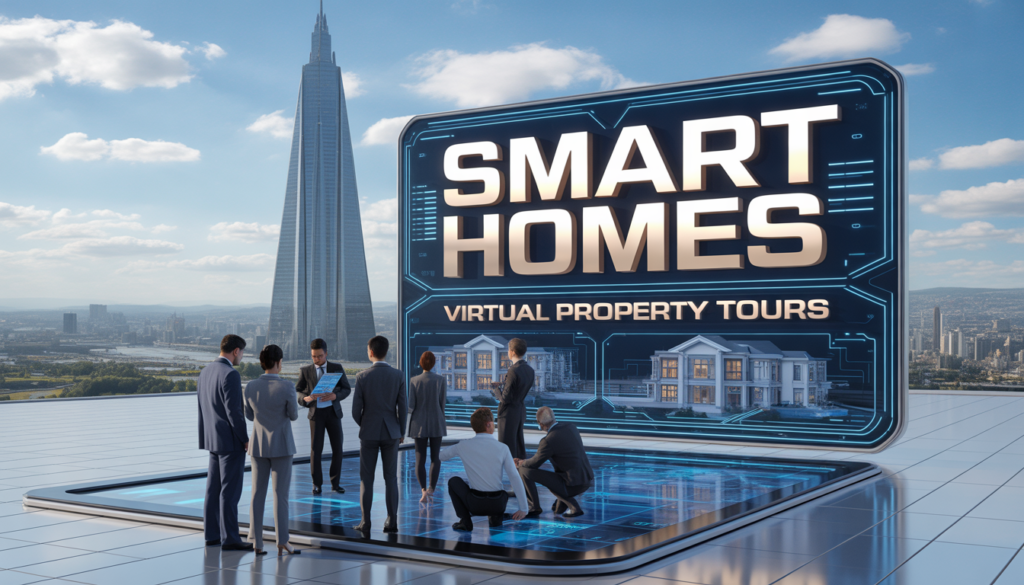 AI use cases in real estate showing smart homes, virtual property tours, and AI-powered property valuation and analytics systems.