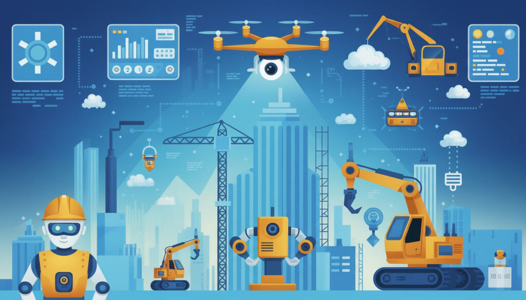 AI applications in construction including project monitoring, safety detection, and predictive analytics