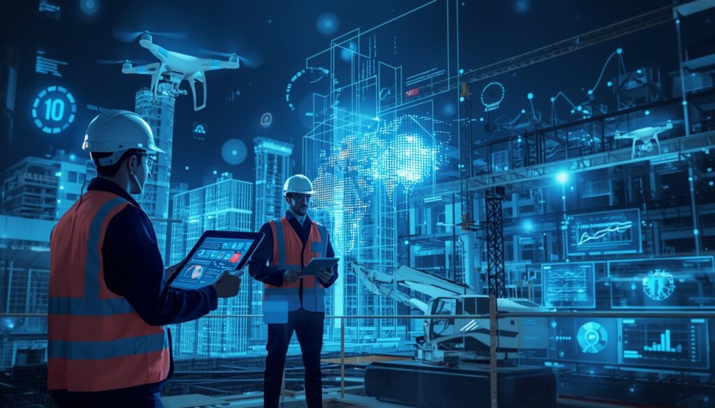 AI in construction technology used for smart construction sites, project monitoring, robotics, and predictive analytics