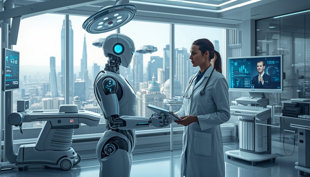 AI in healthcare industry showing doctor working with AI assistant in smart hospital environment