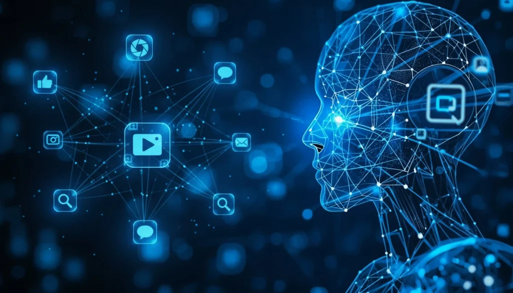 AI in social media marketing showing automation, analytics, and content optimization