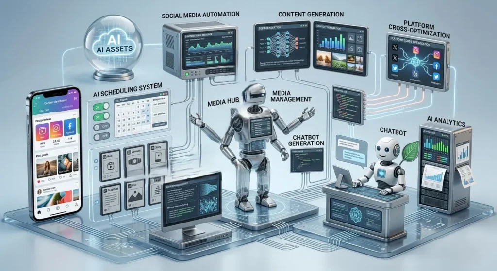Workflow of AI in social media including content creation, automation, analytics, and engagement