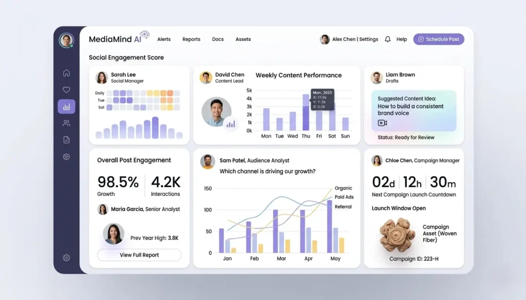 Dashboard showing AI tools for content creation, analytics, and automation