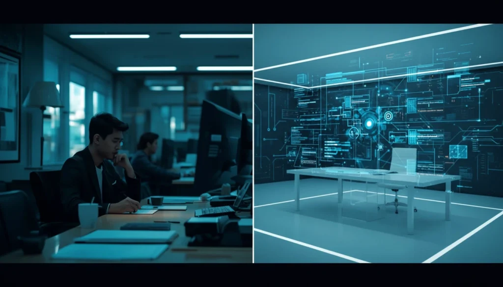 Comparison of business operations before AI and after AI implementation with automation and efficiency