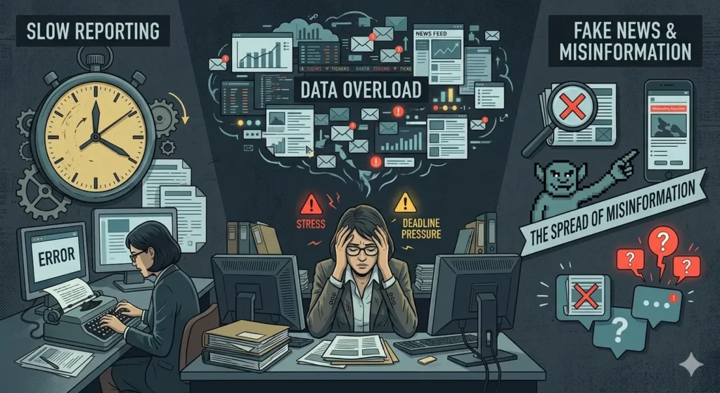 challenges in news industry such as slow reporting, misinformation, and lack of personalization