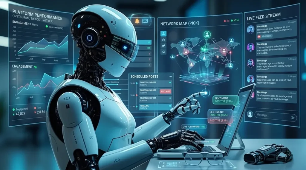 Futuristic AI system managing social media with automation and personalization