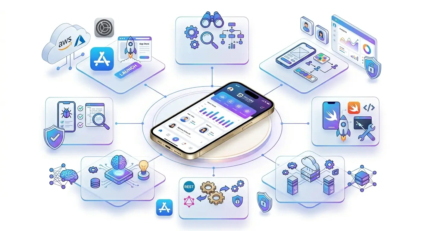 Square Infosoft | Complete End-to-End iOS App Development Services An enterprise-grade isometric illustration detailing Square Infosoft's complete iOS app development service ecosystem, showing the interconnected phases of Product Discovery, UI/UX Design, iOS and Backend Development, API Integration, AI Features, QA Testing, and App Store Launch around a central premium iPhone.