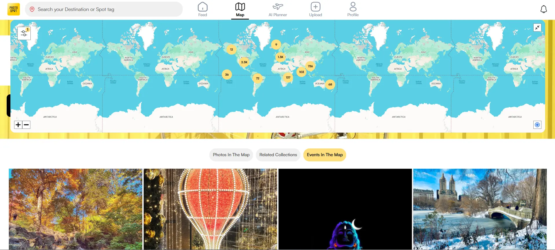 PhotoSpot AI Travel Planning Map App with Google Maps | Square Infosoft PhotoSpot AI travel planning app showing interactive map, destination markers, travel events, and Google Maps integration