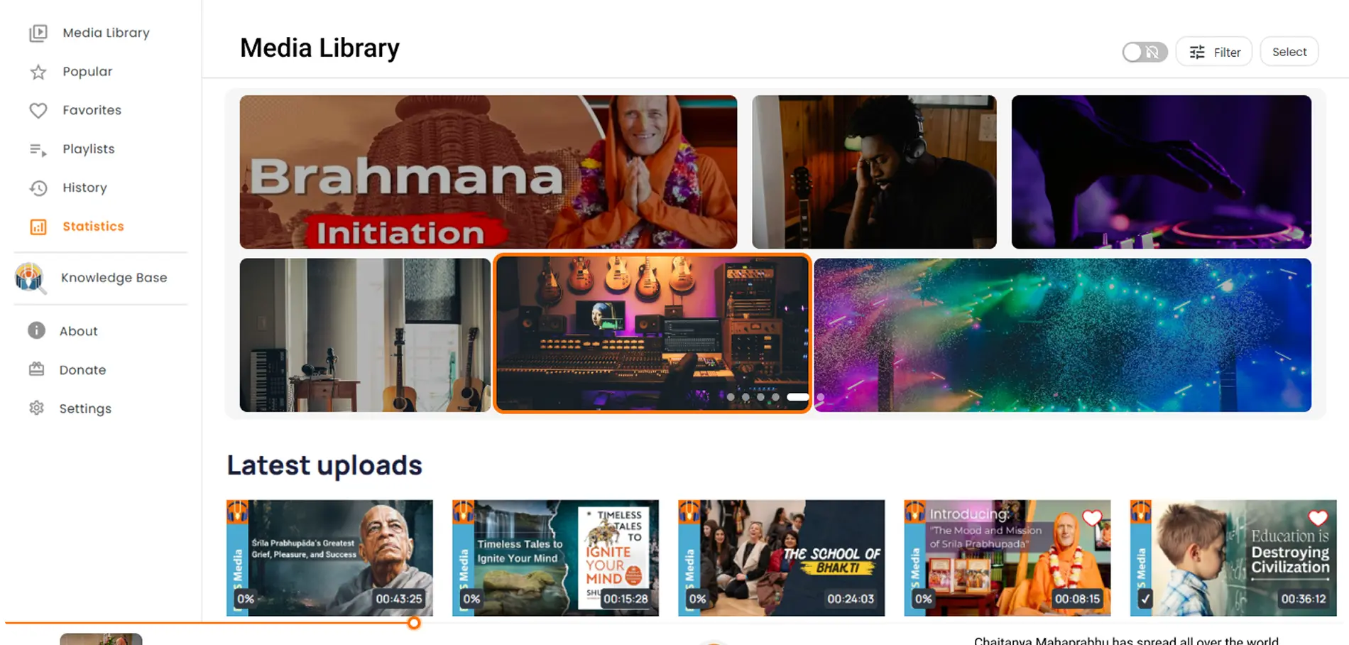 BVKS Media Library & Content Management Web Dashboard | Square Infosoft BVKS media library web dashboard showing video uploads, content management, statistics, and digital media collections